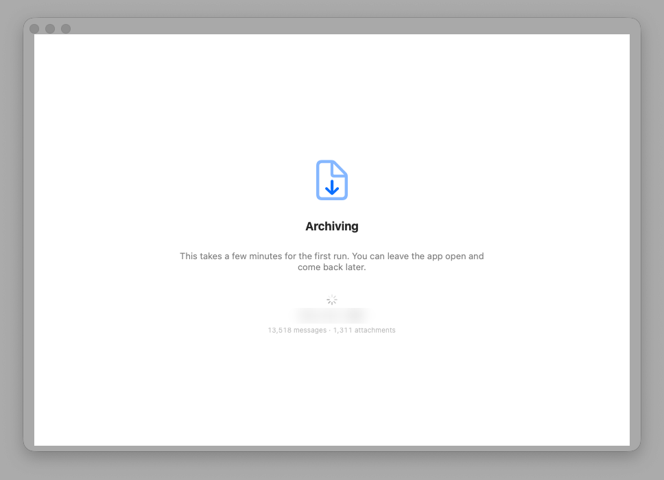 Honk Mac archiver mid-run showing per-chat progress with live message and attachment counts